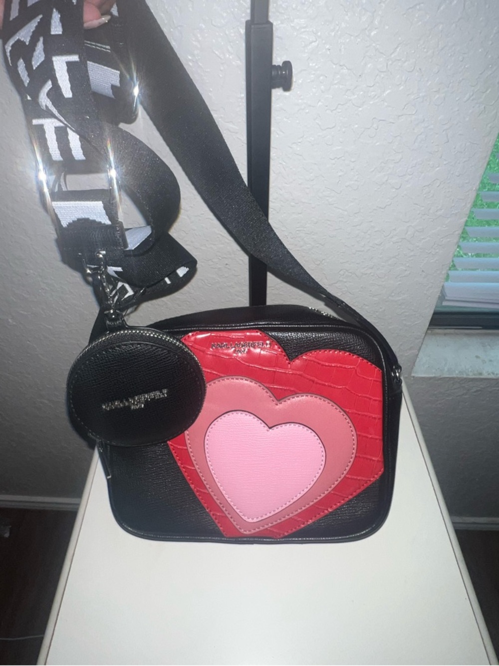 Karl Lagerfeld Black Crossbody with Red & Pink Heart Panels